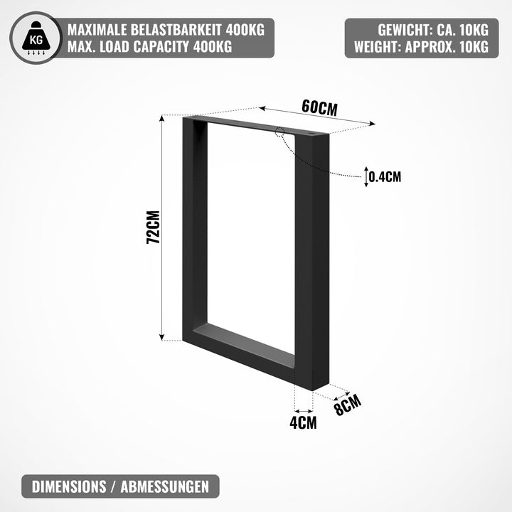 Bordstel - sort, 60x72 cm, fremstillet af stål, industrielt, til spisebord/sofabord/skrivebord/stuebord, rektangulært, stabilt, kraftigt