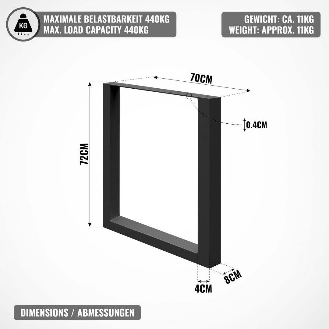 Bordstel - sort, 70x72 cm, fremstillet af stål, industrielt, til bord, rektangulært, stabilt, kraftigt