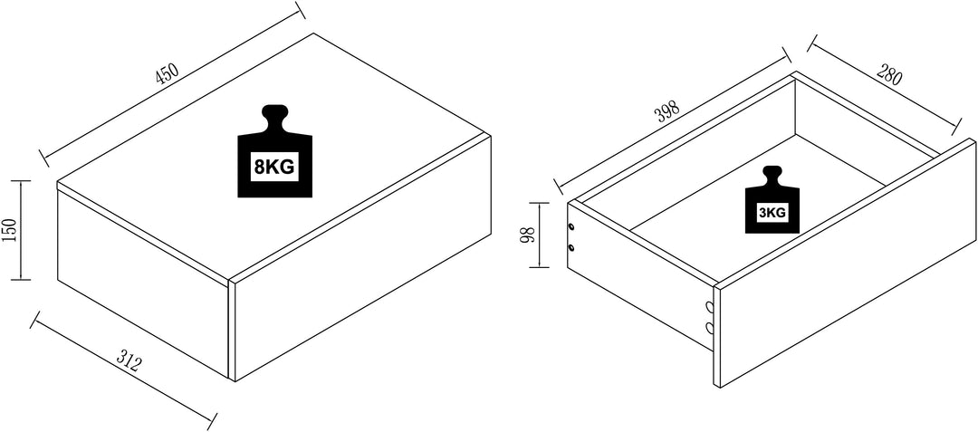 Vægbord / natbord / sengebord, h. 15 x b. 45 x d. 30 cm, naturfarvet og hvid