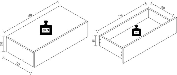 Vægbord/natbord/sengebord, h. 15 x b. 60 x d. 30 cm, hvid