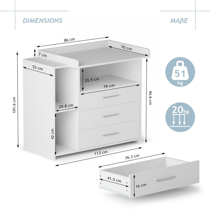 Puslebord med 3 skuffer, 113x53x101,6 cm, i MDF, hvid