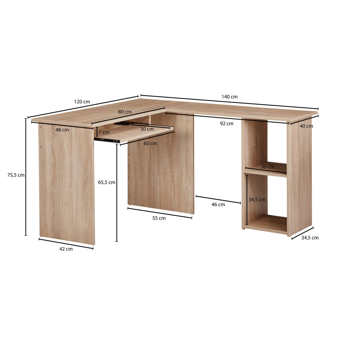 Sonoma naturfarvet hjørneskrivebord, 140 cm