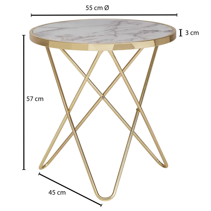 Rundt sofabord i hvidt marmorlook med guld - 55 cm - Lammeuld.dk