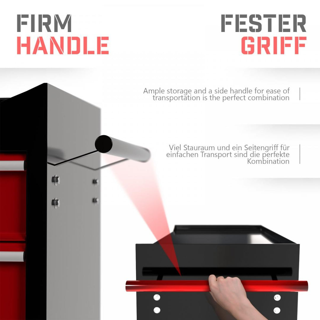 Værkstedsvogn på hjul, 5 skuffer med indsats, låsbar, parkeringsbremse, af stål, rød-sort
