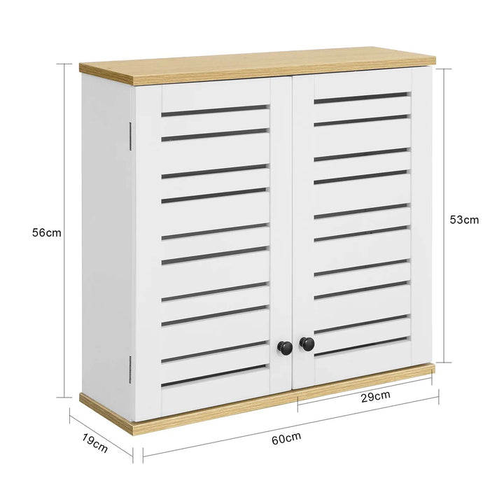 Vægskab med 2 døre / badeværelsesskab med dekorative luftrum, 60x19x56 cm, hvid og naturfarvet
