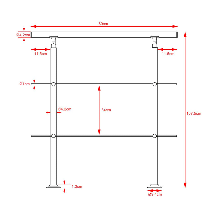 Banister rustfrit stål 80 cm 2 tværstykker