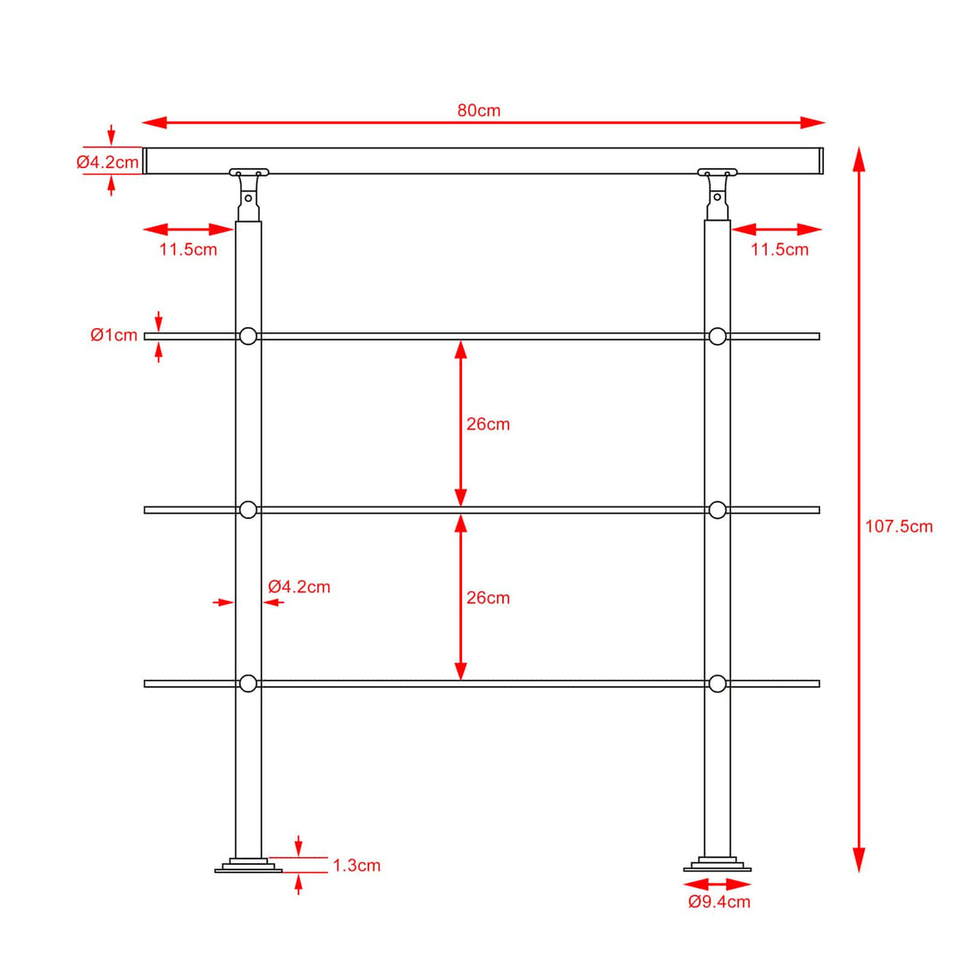 Banister rustfrit stål 2.6ft 3 tværstykker