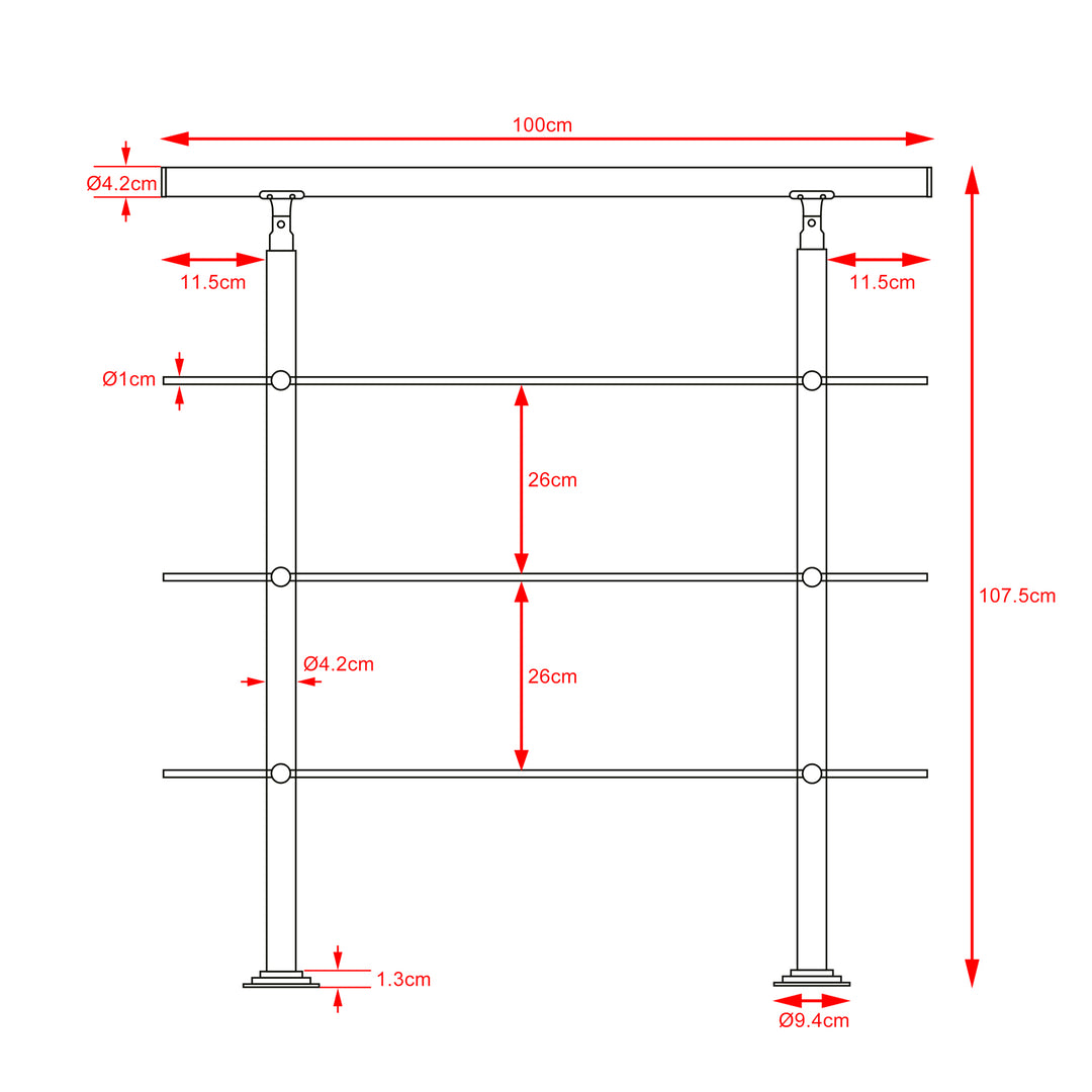 Banister rustfrit stål 3.3ft 3 tværstykker