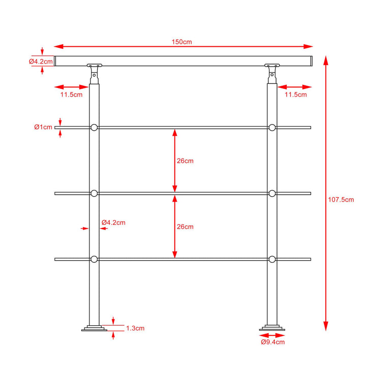 Banister rustfrit stål 150 cm 3 tværstykker