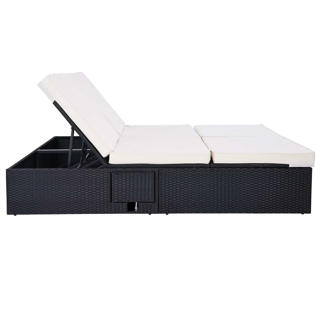 Rattan Double Sun Lounger Black/Cream 196x160x33cm Justerbar