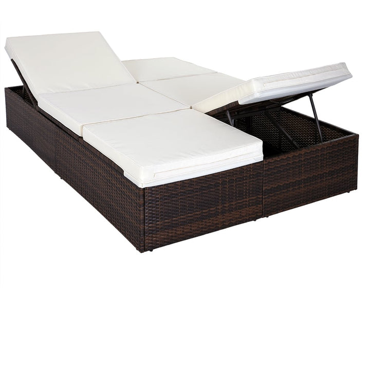 Rattan Double Sun Lounger Brown/Cream 196x116x38 cm Justerbar