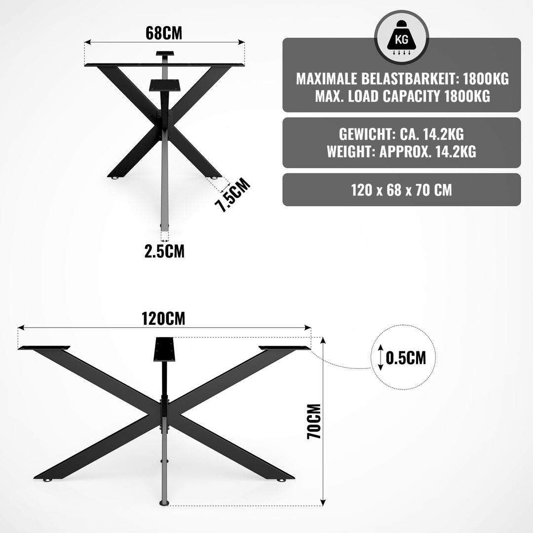 Krydsstel, sort, 120 cm, fremstillet af stål, industrielt, til spisebord