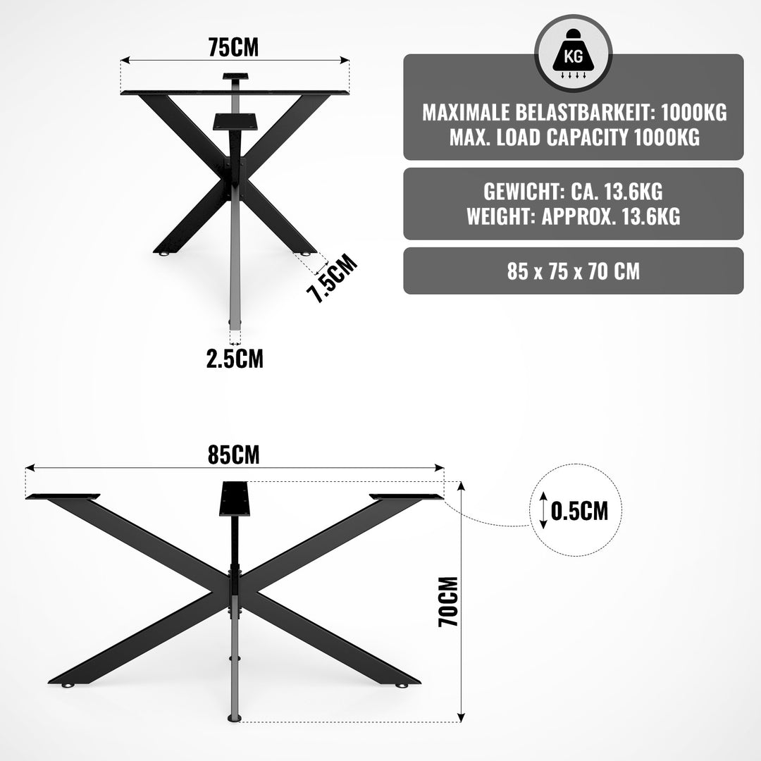 Solidt Krydsstel - 85 cm, Stål, Industriel Design, til spisebord, sort