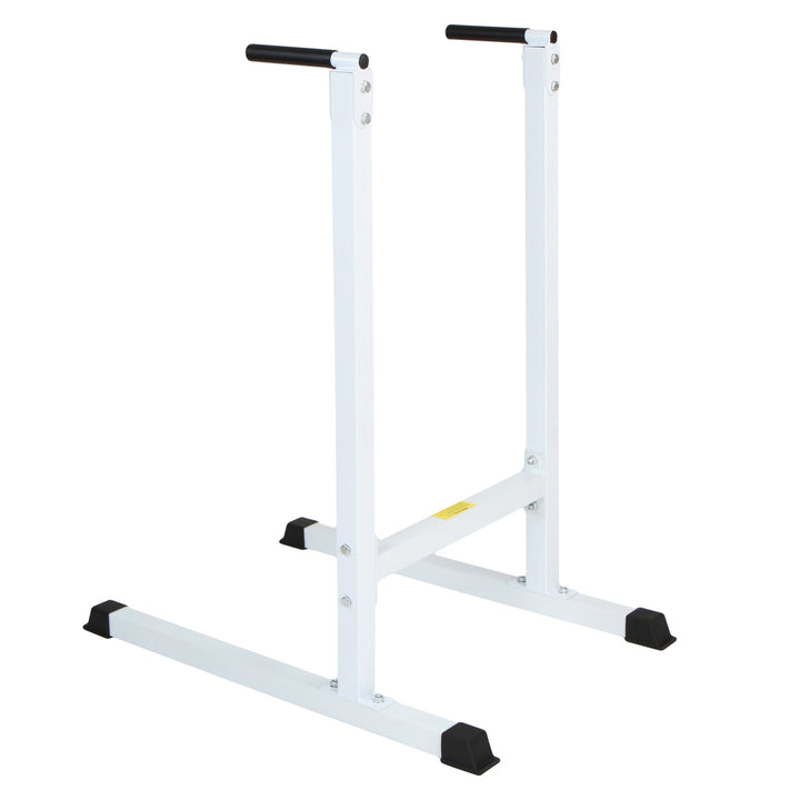 Dip Station, op til 120 kg, 103/67/123 cm, fritstående, biceps, triceps, mave- og rygtræning, polstrede håndtag, metal, hvid