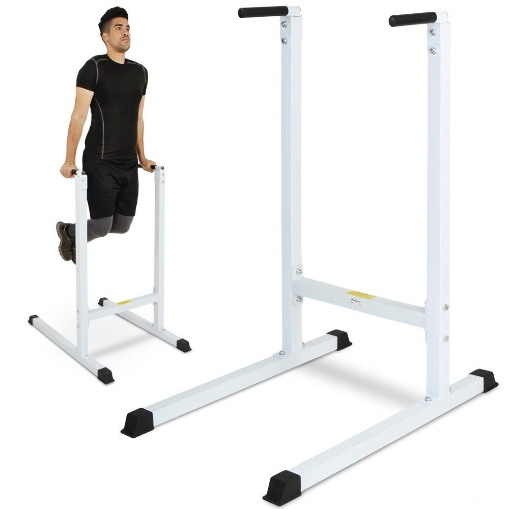 Dip Station, op til 120 kg, 103/67/123 cm, fritstående, biceps, triceps, mave- og rygtræning, polstrede håndtag, metal, hvid