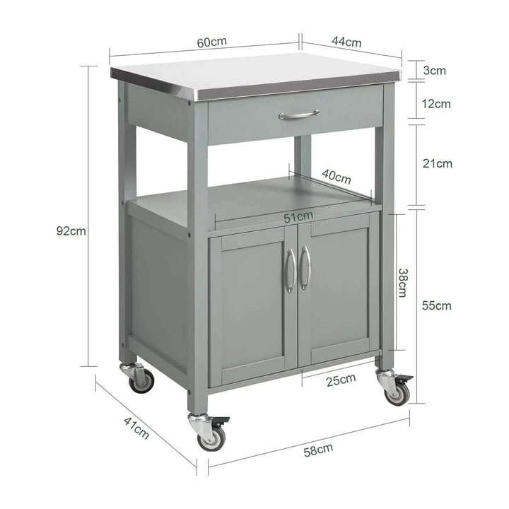 Serveringsvogn / køkkenvogn med stålbordplade, 60x44x92 cm, grå