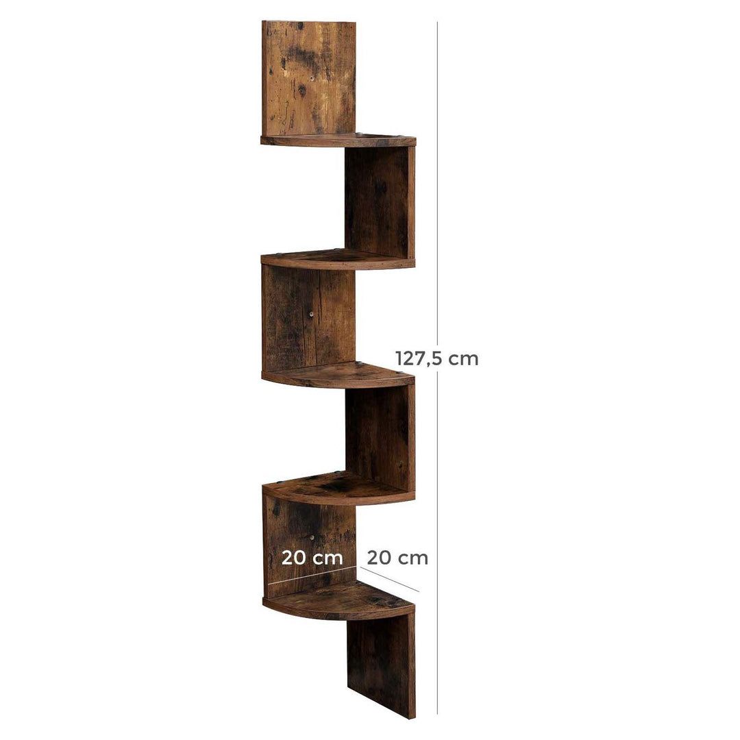 Måling af Zigzag form Hjørnehylde med 5 niveauer i retro look monteret ved siden af sengebordet fyldt med bøger og billedrammer