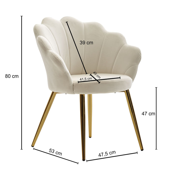 Elegant og stilfuld spisestuestol i velvet med guldben og tulipanryg, hvid og guldfarvet