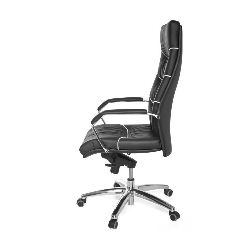 Designer kontorstol i ægte læder, hvide detajler, sort