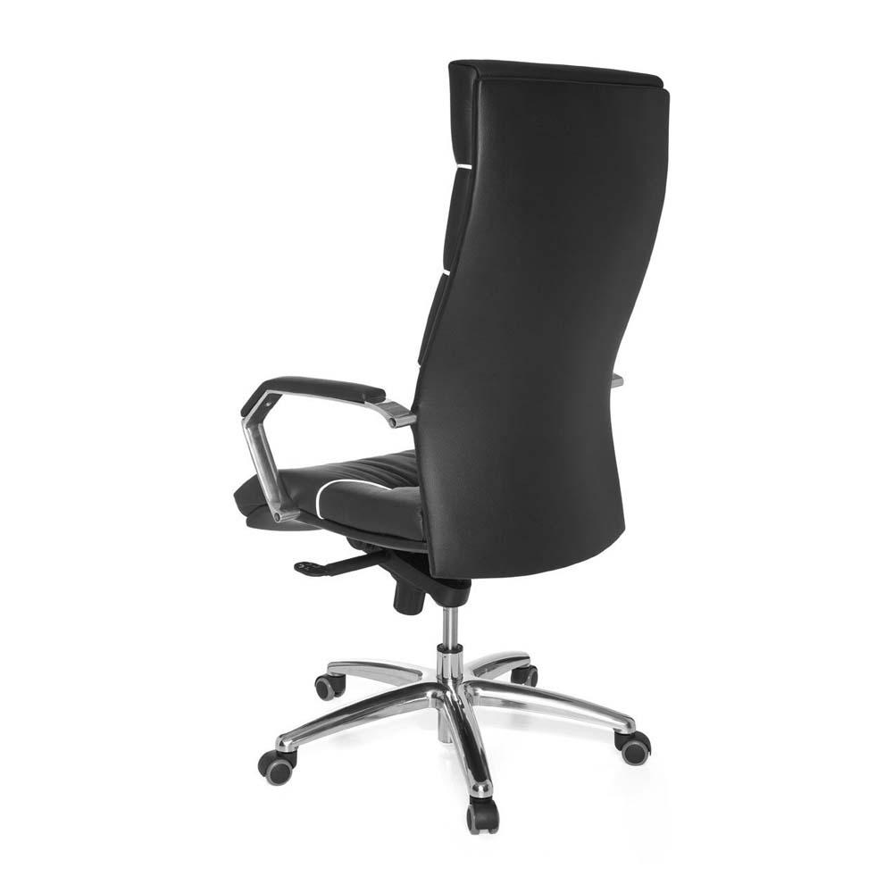 Designer kontorstol i ægte læder, hvide detajler, sort