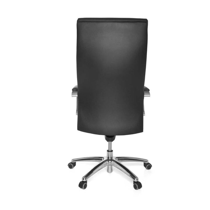 Designer kontorstol i ægte læder, hvide detajler, sort