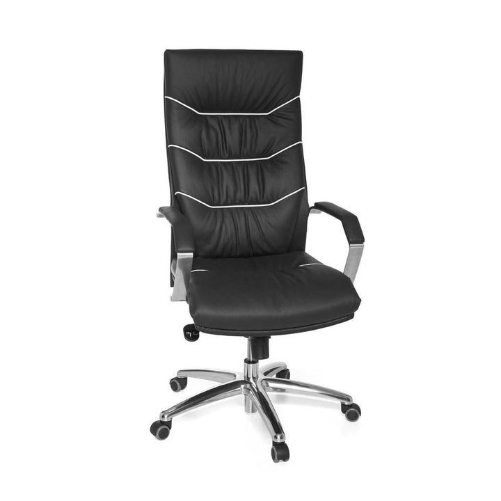 Designer kontorstol i ægte læder, hvide detajler, sort