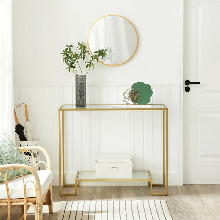 Konsolbord i glas med guldfarvet ramme, art deco-look