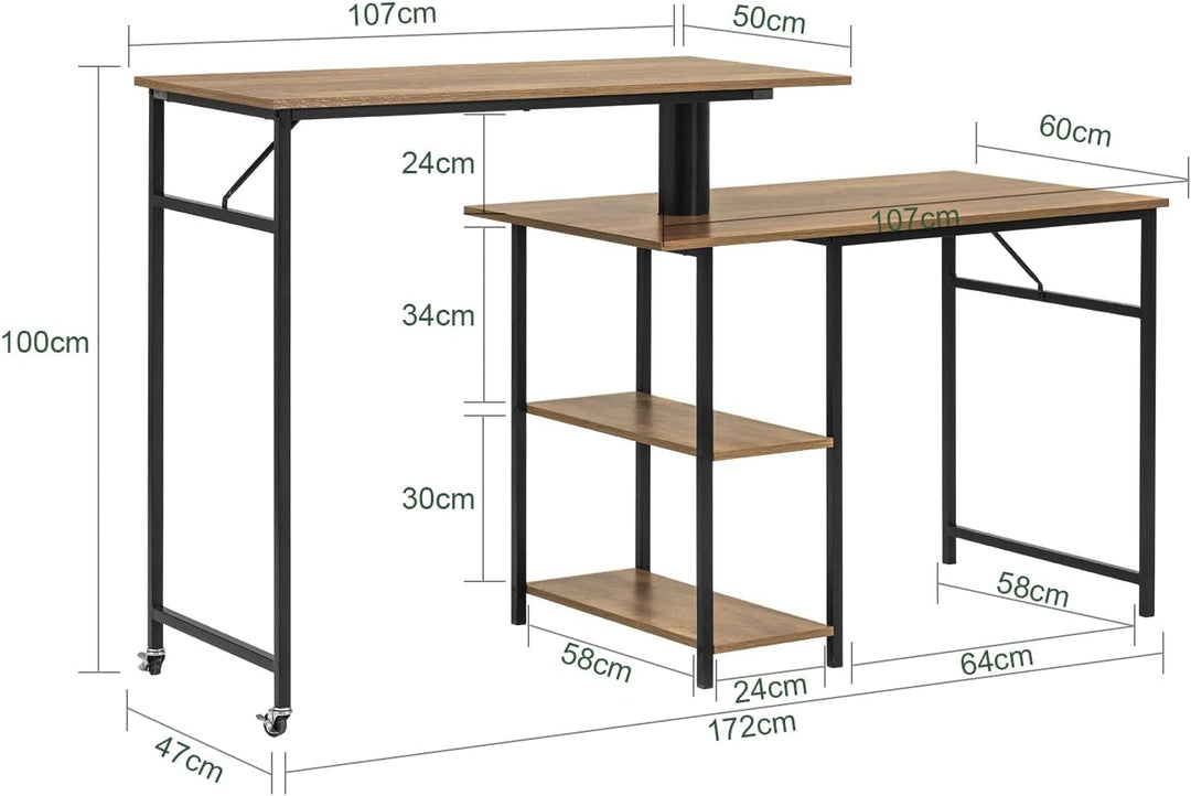 Smart, fleksibelt skrivebord med 2 bordplader og hylder, brun