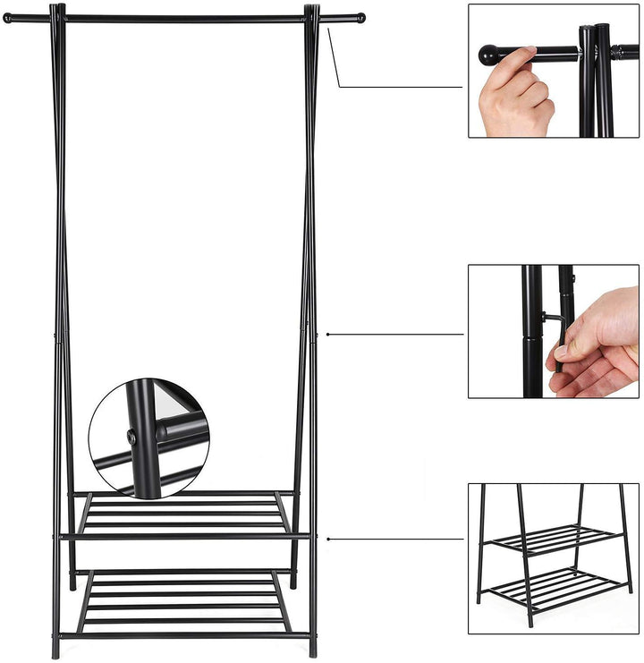 Nærmere billede af ståldelene og hjørnerne på tøjstativet med 2 hylder i sort